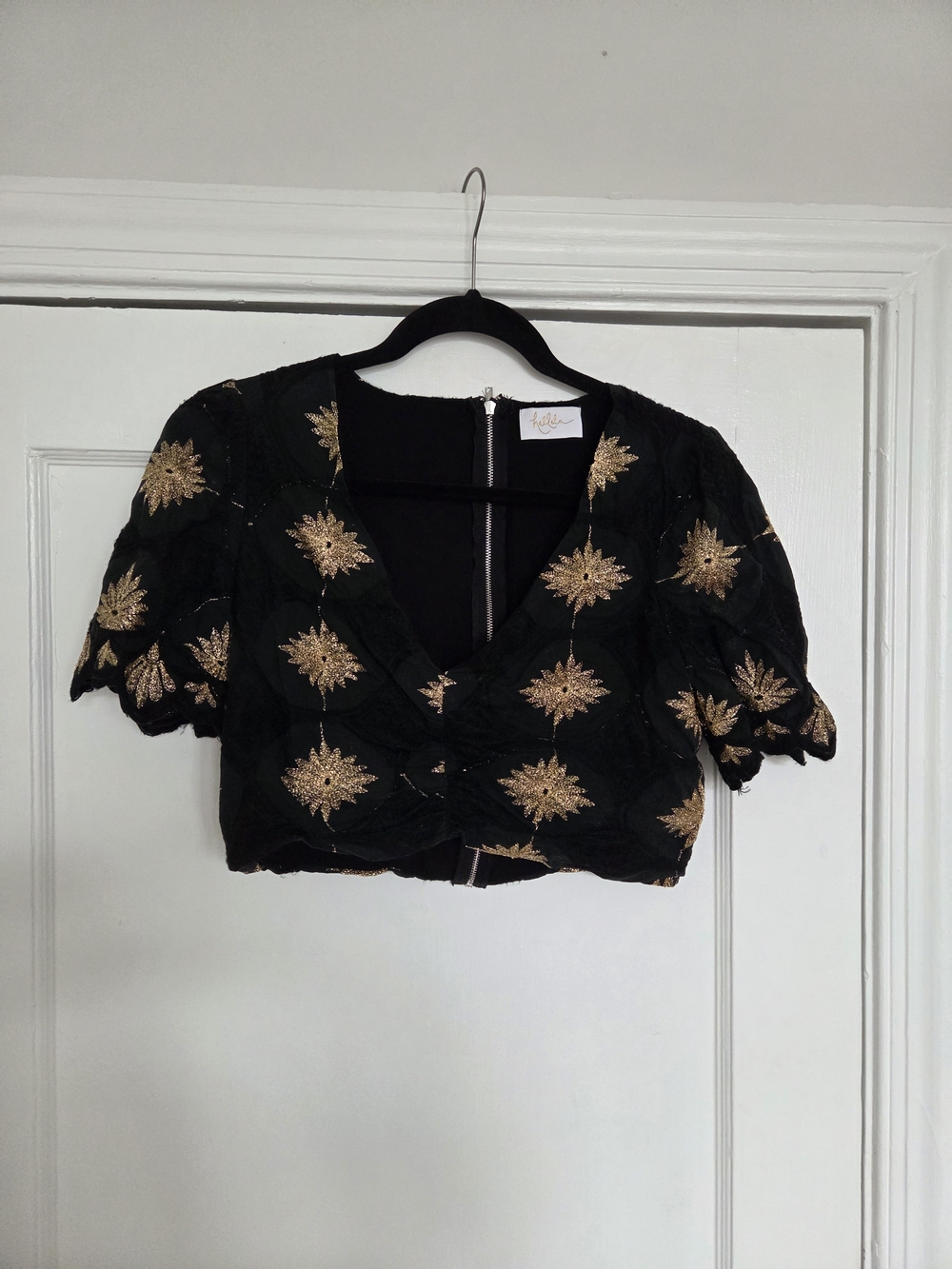 Embroidered Black Crop Top with Gold Star Motif